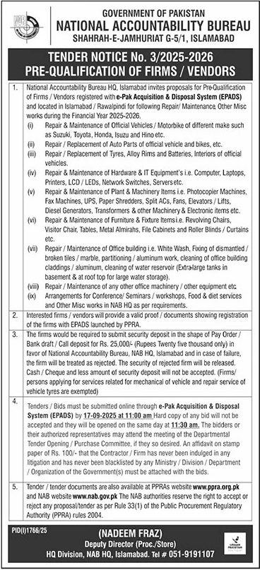 National Accountability Bureau Islamabad Tender Notice